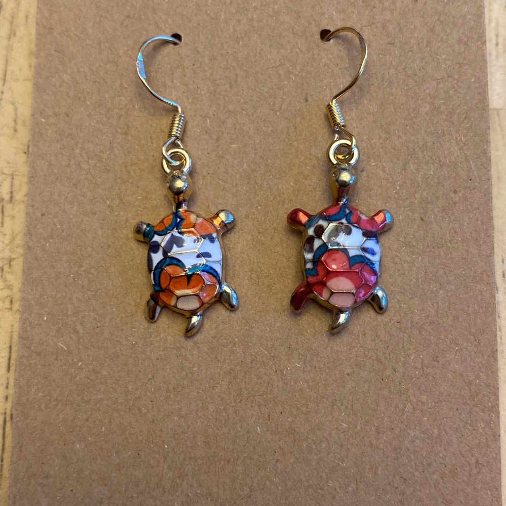 Orange Pattern Turtle Dangle Earrings